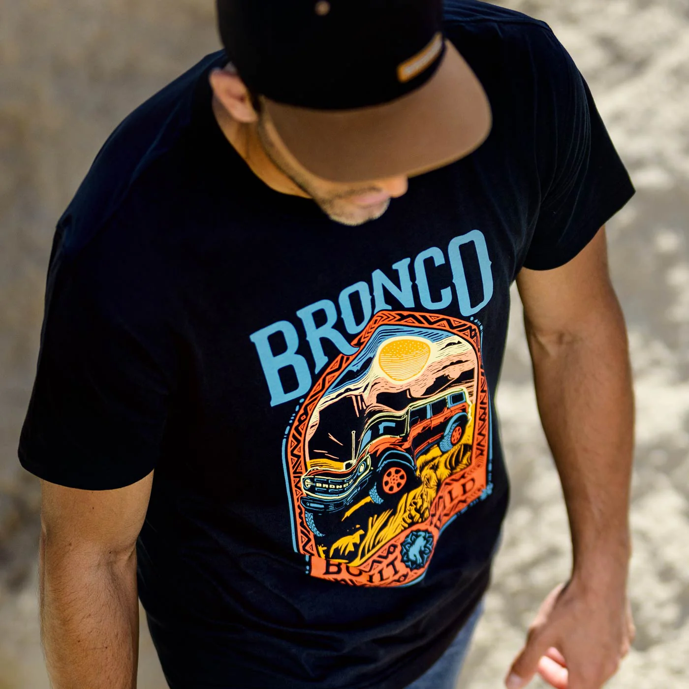Ford Bronco Built Wild Mens Off Road Desert Adventure T-Shirt - Image 3