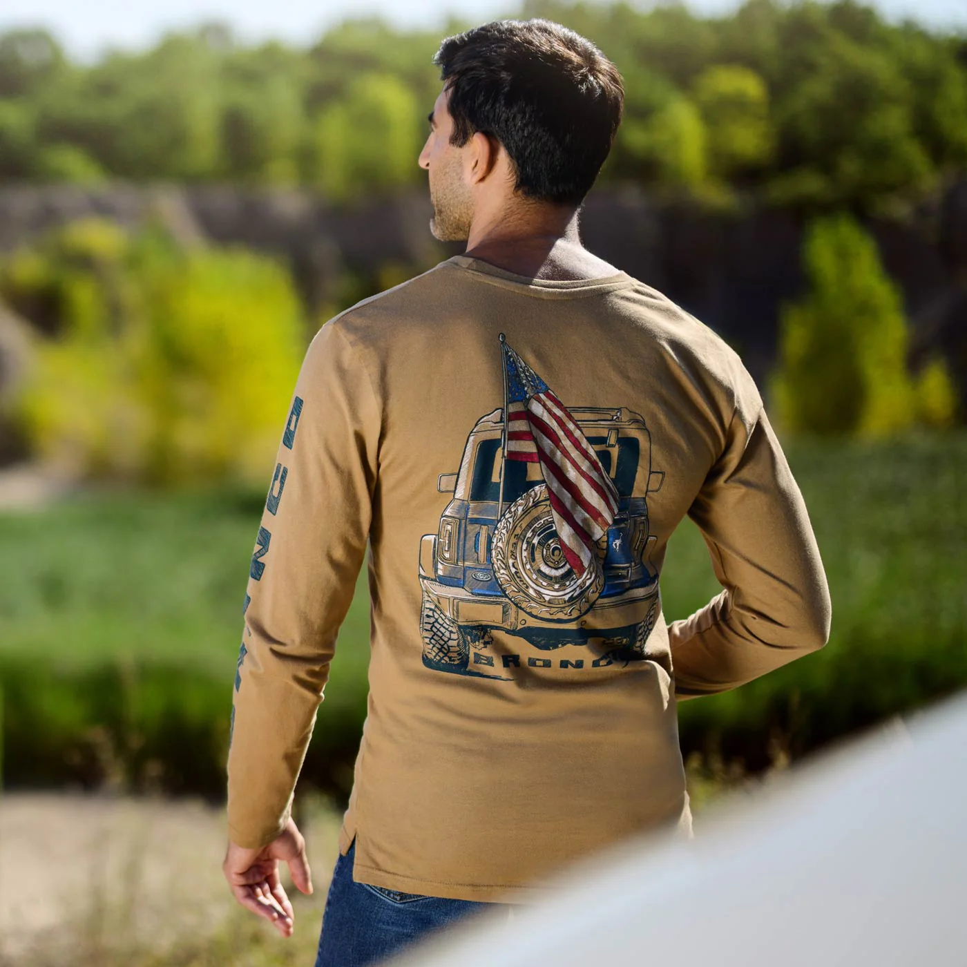 Ford Bronco Mens Illustrated Patriotic Graphic Long Sleeve Shirt - Image 2