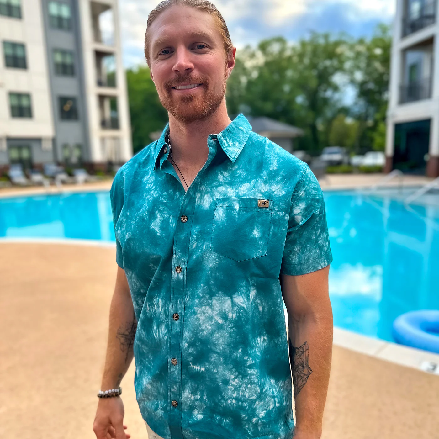 Ford Bronco Mens Teal Tie Dye Button Up Shirt - Image 3