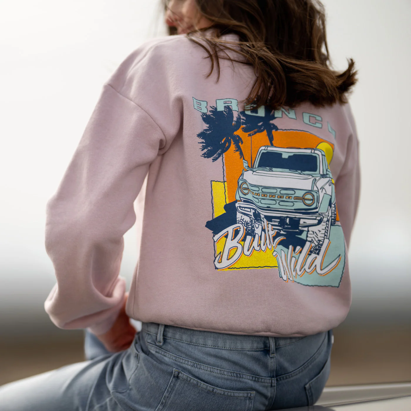 Ford Bronco Built Wild Womens Light Pink Crewneck Sweatshirt - Image 4