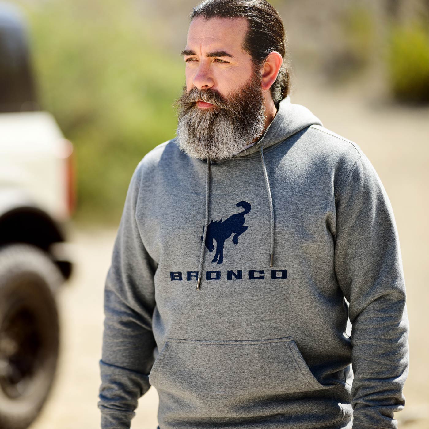 Ford Bronco Mens Gray Embroidered Fleece Hoodie - Image 3