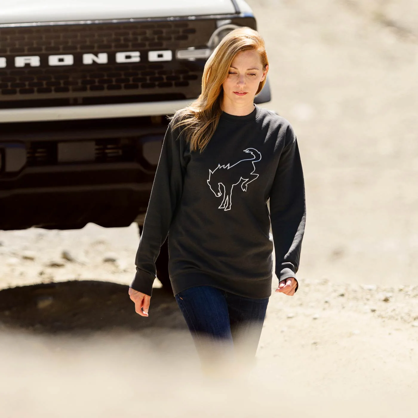 Ford Bronco Womens Charcoal Fleece Crewneck Sweatshirt - Image 3