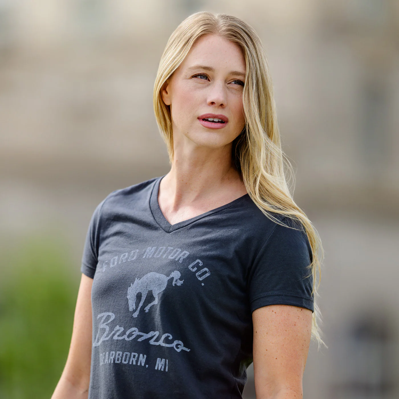 Ford Motor Co Bronco Womens Vintage V Neck T-Shirt - Image 2