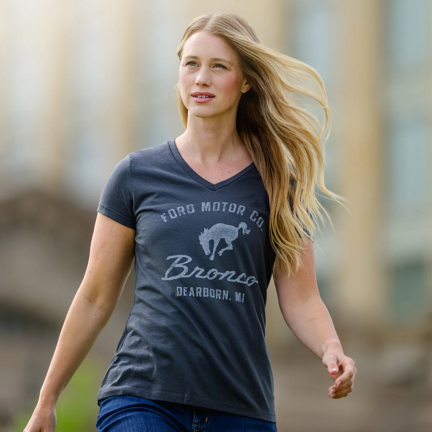 Ford Motor Co Bronco Womens Vintage V Neck T-Shirt - Image 3