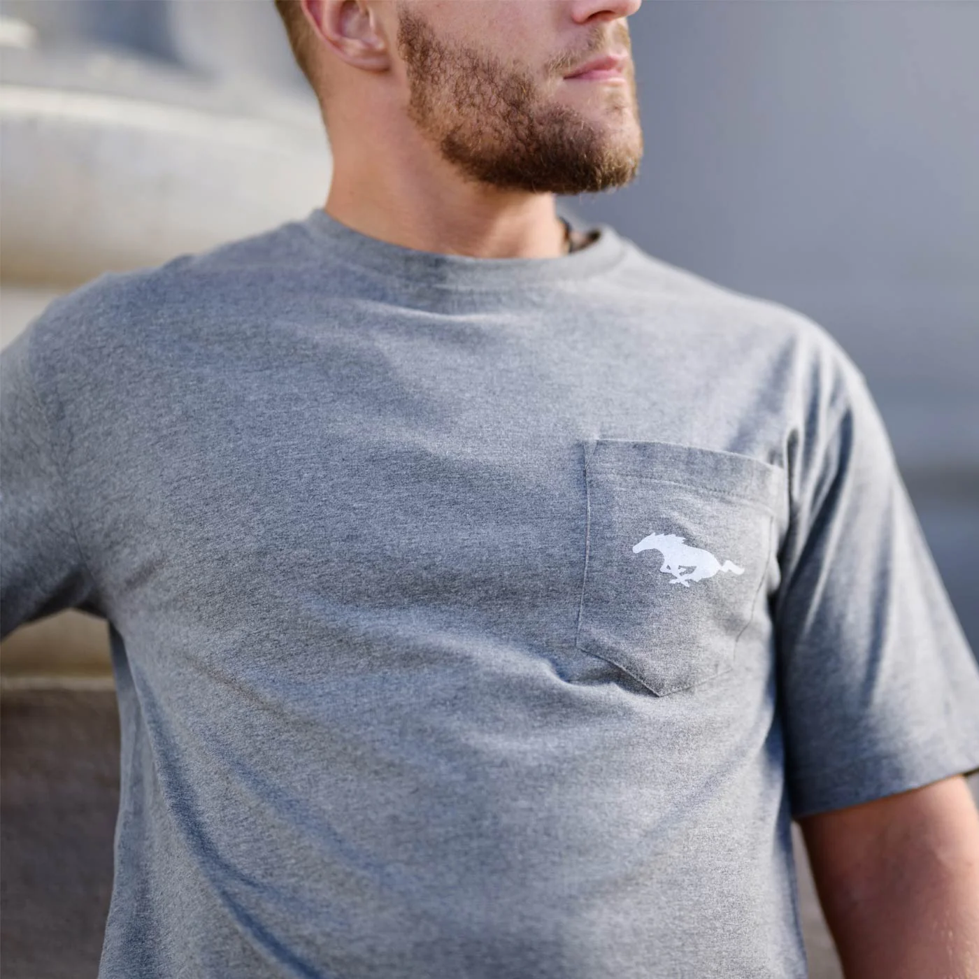 Ford Mustang Mens Tribar Logo Gray Pocket T-Shirt - Image 3