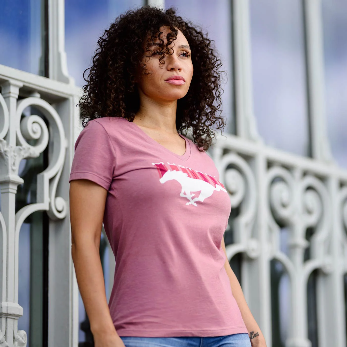 Ford Mustang Womens Pony Logo Pink V Neck T-Shirt - Image 4