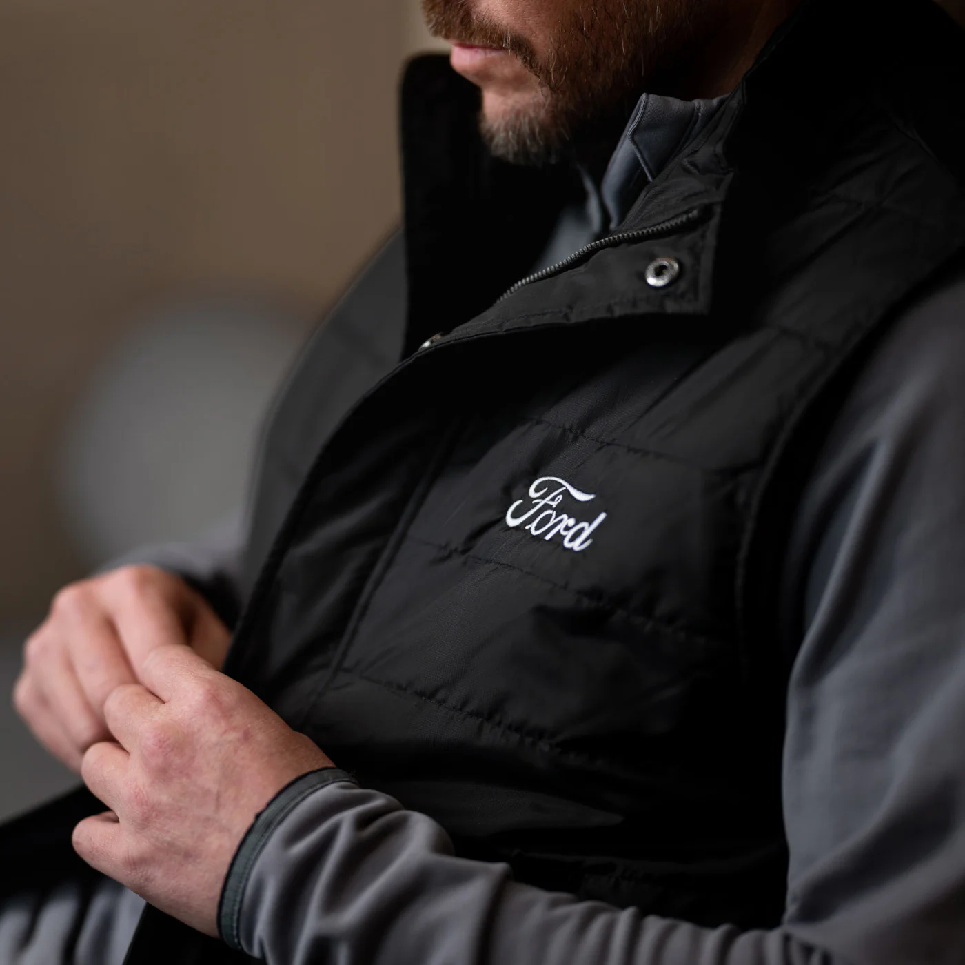 Ford Script Mens Black Zip Up Puffer Vest - Image 2