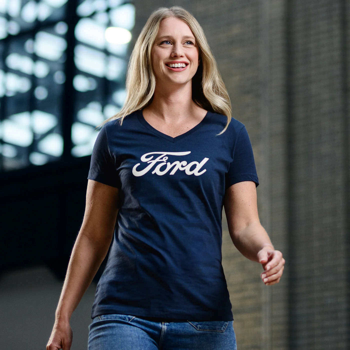 Ford Script Logo Womens Navy Blue V Neck T-Shirt - Image 3